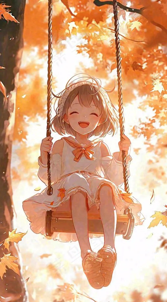 秋天秋叶少女儿童荡秋千玩耍，可爱手绘插画(816x1472)