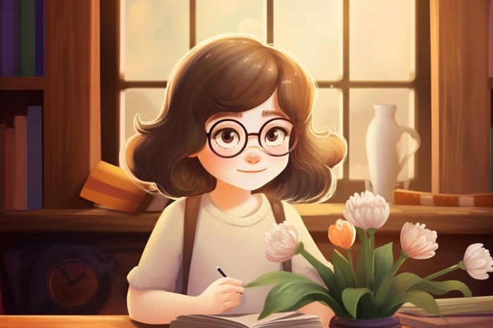 戴眼镜教师书籍鲜花暗黄色背景
