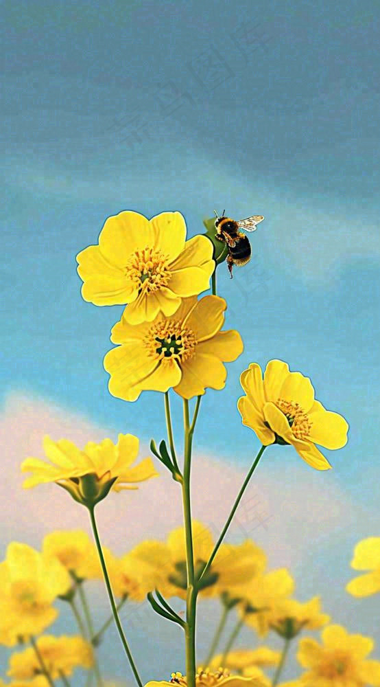 清新春天蓝天花丛黄色小花朵蜜蜂，春分摄影图(816x1472)
