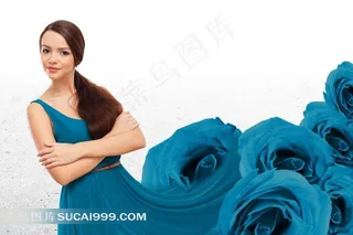 蓝色玫瑰花裙摆美女图片