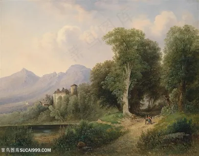 高清山脉森林古堡风景油画图片