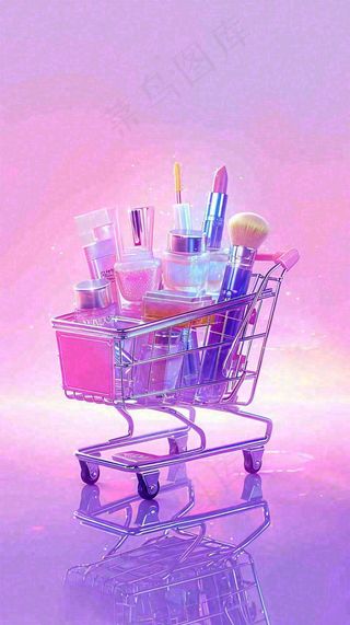 粉紫绚丽购物车采购电商美妆时尚，3D推车