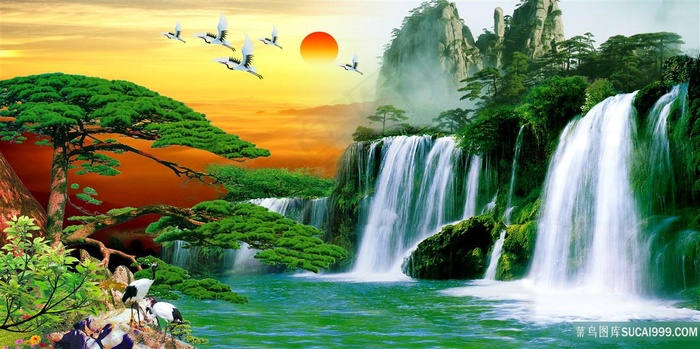 高清风景山水字画迎客松画卷高分辨率素材画