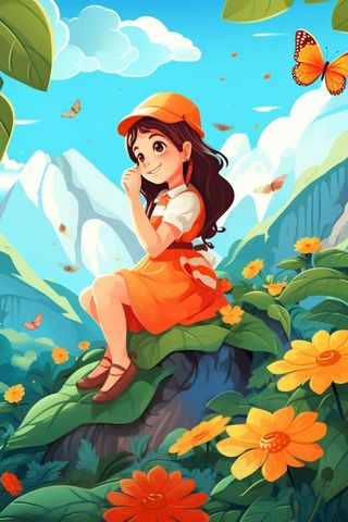 清新花草女孩蝴蝶插画背景