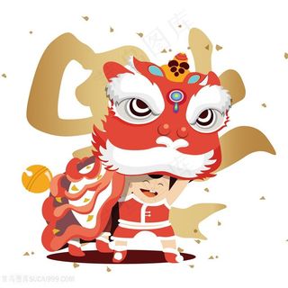 手绘卡通中国风舞狮图片PNG免抠图