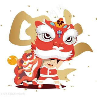 手绘卡通中国风舞狮图片PNG免抠图