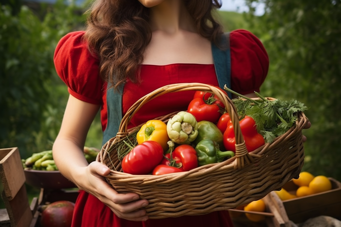 女生抱着一篮蔬菜瓜果摄影图