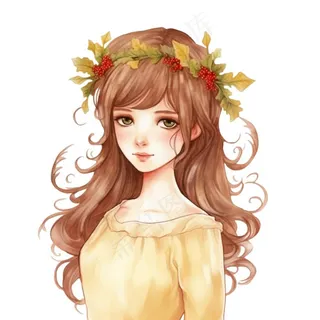戴花环的黄裙少女插画免抠