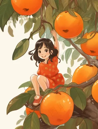 女孩少女坐着橘子树上可爱卡通插画素材背景
