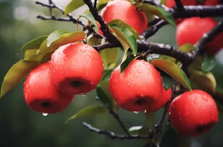 大雨中的苹果果树摄影图