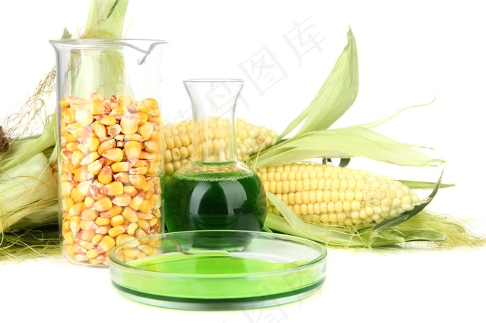玉米与绿色罐装液体高清图片