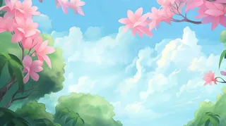 蓝天白云粉色花树花瓣卡通插画素材