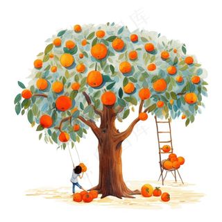 秋季爬梯摘水果的女孩橘子插画免抠