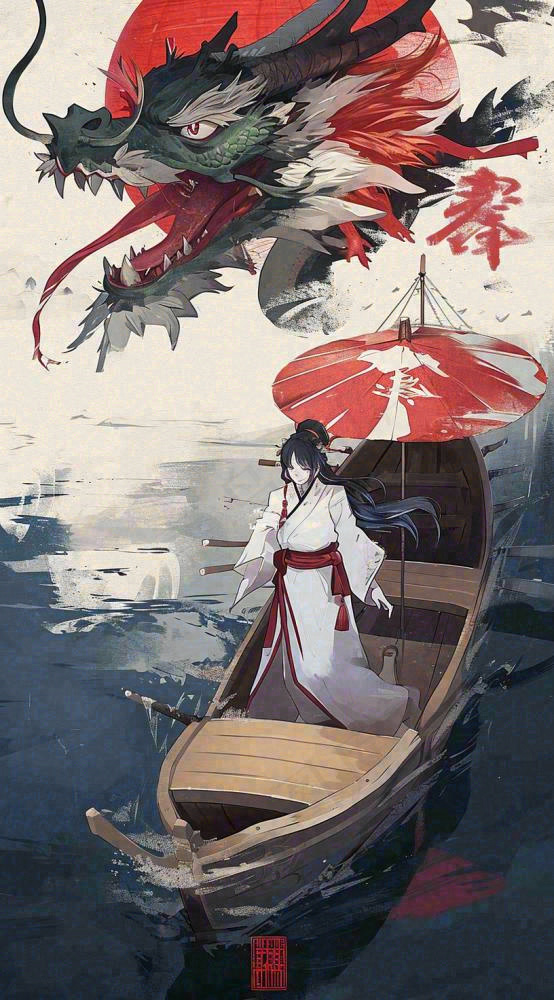 古风仙侠暗黑人物在河流上，龙中国风插画(816x1472)