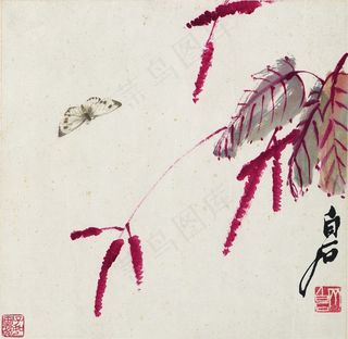 齐白石红蓼彩蝶图