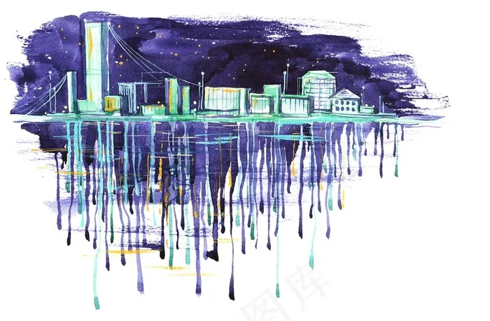 手绘水墨城市建筑高清图片