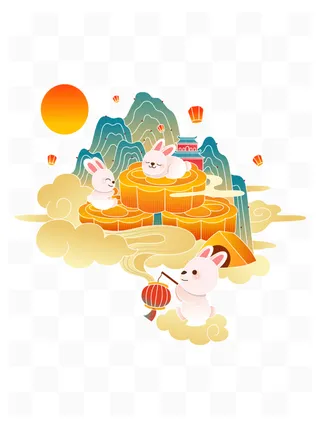 国潮山水中秋玉兔月饼