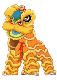 新年春节虎年元宵手绘人物舞狮卡通狮子头插画元素PSD设计素材