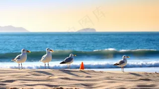 海边沙滩的海鸥摄影图