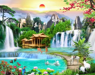 清新流水生财小鹿双马木房风景