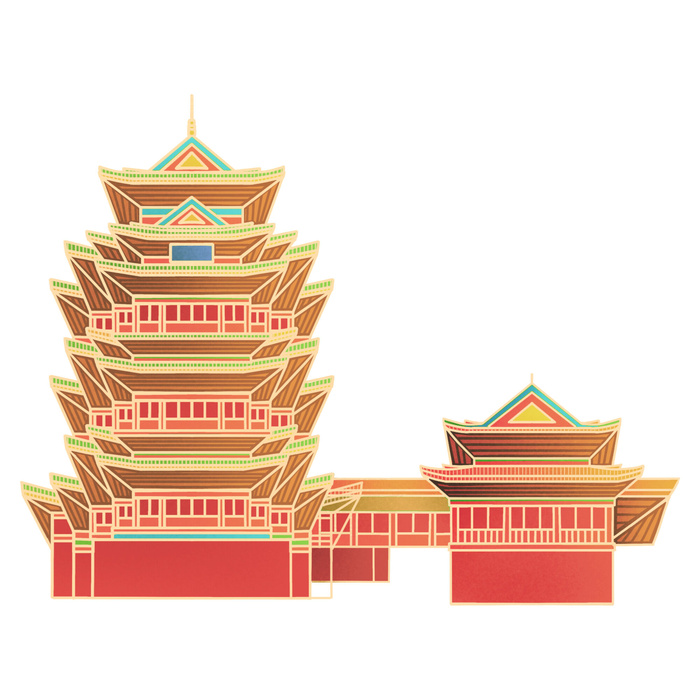 复古中国风国潮古建筑插画手绘高楼古塔PSD素材亭子png免抠图psd模版下载