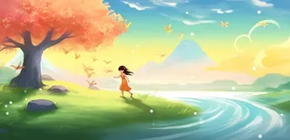 阳光下大树下的孩子草原背景