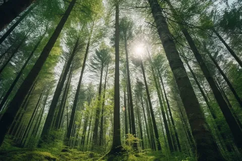 :夏天的森林里有很多挺拔的树木 :夏天的森林里有很多挺拔的树木