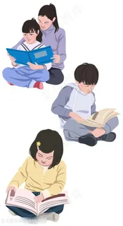 小男孩小女孩认真看书学习妈妈教女儿看书卡通插画图片