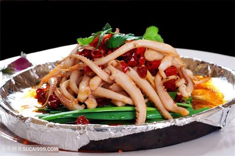 中华美食湘干锅鱿鱼须摄影图