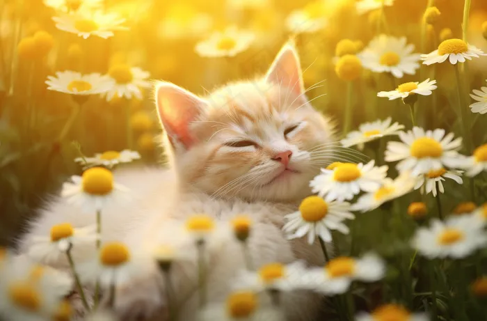 猫躺着花丛里的猫咪可爱菊花摄影图 (4080x2688)