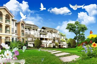 草地别墅风景画韩式自然背景