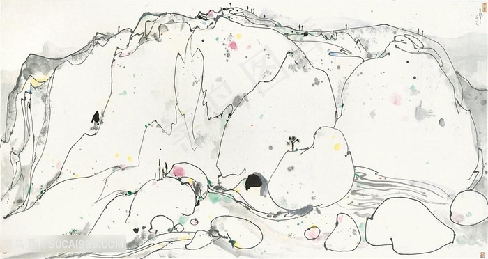 吴冠中手绘水墨简约山脉石头装饰画