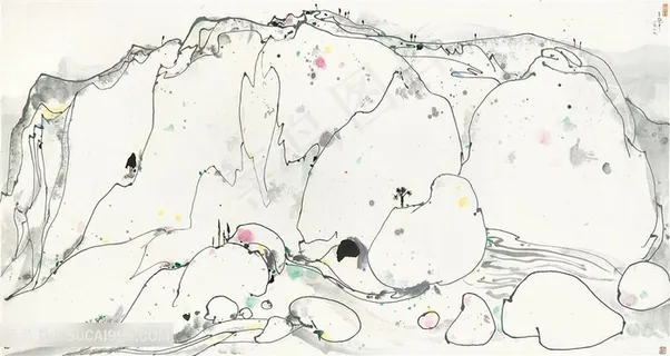 吴冠中手绘水墨简约山脉石头装饰画