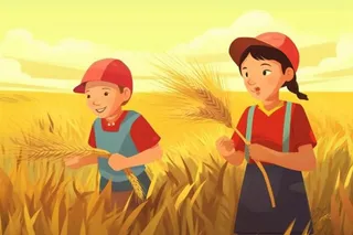 秋季丰收拿着麦穗的人金色插画背景