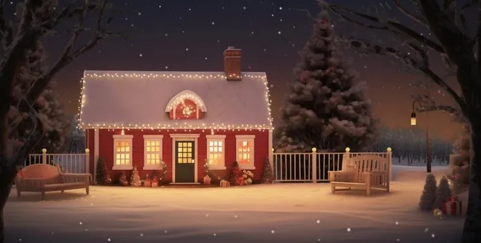 冬天夜晚森林里的房子被白雪覆盖卡通插画背景(1552x784)