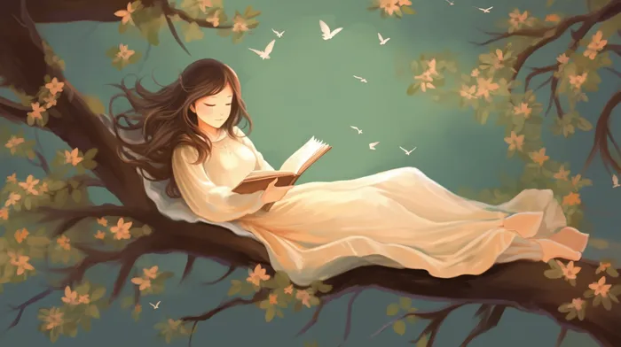 少女女孩穿着白色裙子躺着树干看书树枝盛开的花朵卡通插画