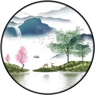 新中式红日山水花鸟背景图蓝色轻奢山水画客厅卧室装饰画