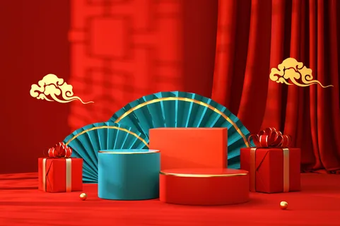 中国风古典喜庆C4D背景图3D国潮场景促销活动海报PSD设计素材模板