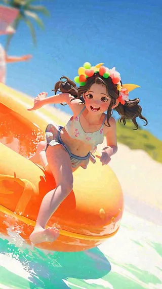 夏日阳光沙滩度假比基尼泳衣游玩旅行游泳插画，大暑小暑暑期