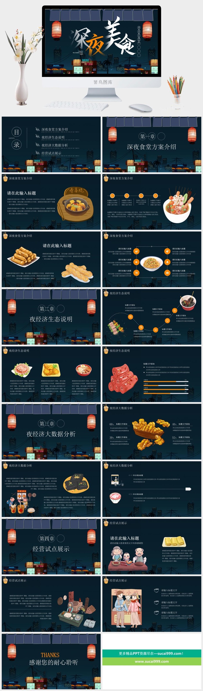 国潮美食餐饮PPT模板中华美食火锅烤串海鲜加盟宣传