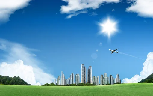 现代城市蓝天白云绿草风景 现代城市蓝天白云绿草风景