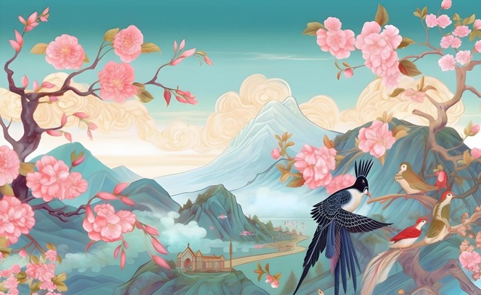 国潮风山峦云树枝花鸟插画海报素材背景(5632x3456)