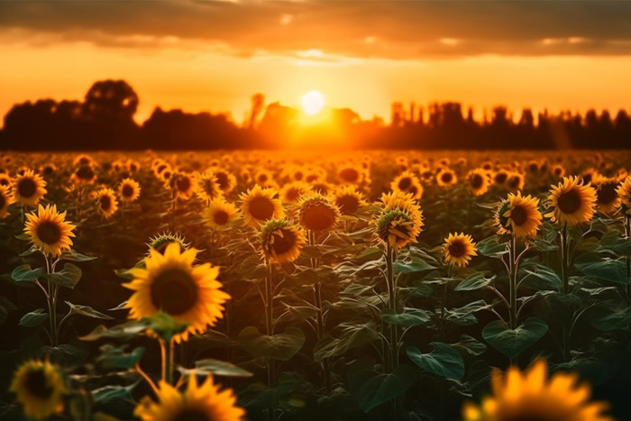 向日葵田上的金色夕阳和明亮的太阳摄影图壁纸