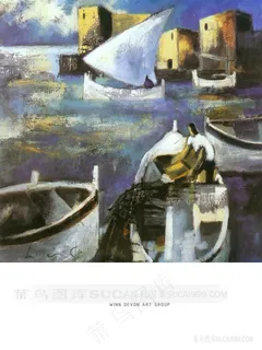 唯美水彩海景船油画风景画