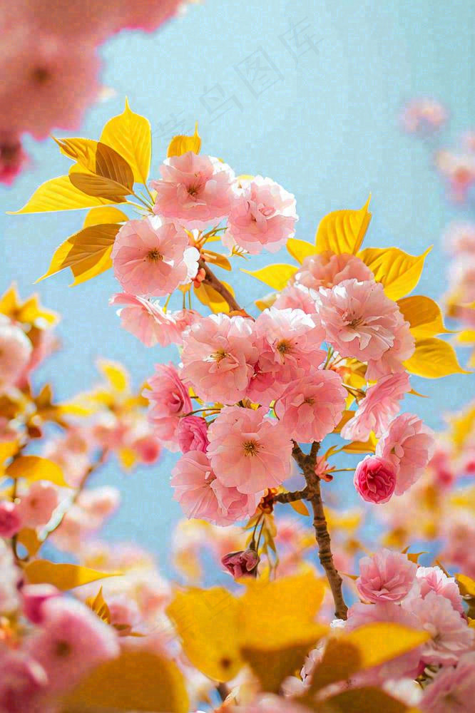 春天蓝天清新粉红桃花花朵树枝嫩叶，立春摄影图(896x1344)