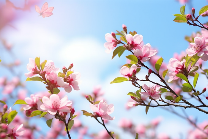 春天阳光明媚的树枝上开满了粉红色的花朵摄影图(5376x3584)