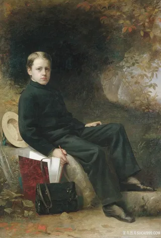 坐在石凳上的男士油画图片