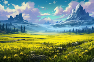 远处巍峨的山峰，广阔的平原上开满小花梦幻科幻插画背景