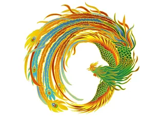 手绘国潮中国风神龙凤凰卡通形象插画装饰元素图案PSD设计素材