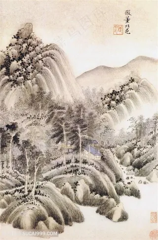 王时敏仿古山水图册之仿董北苑国画图片